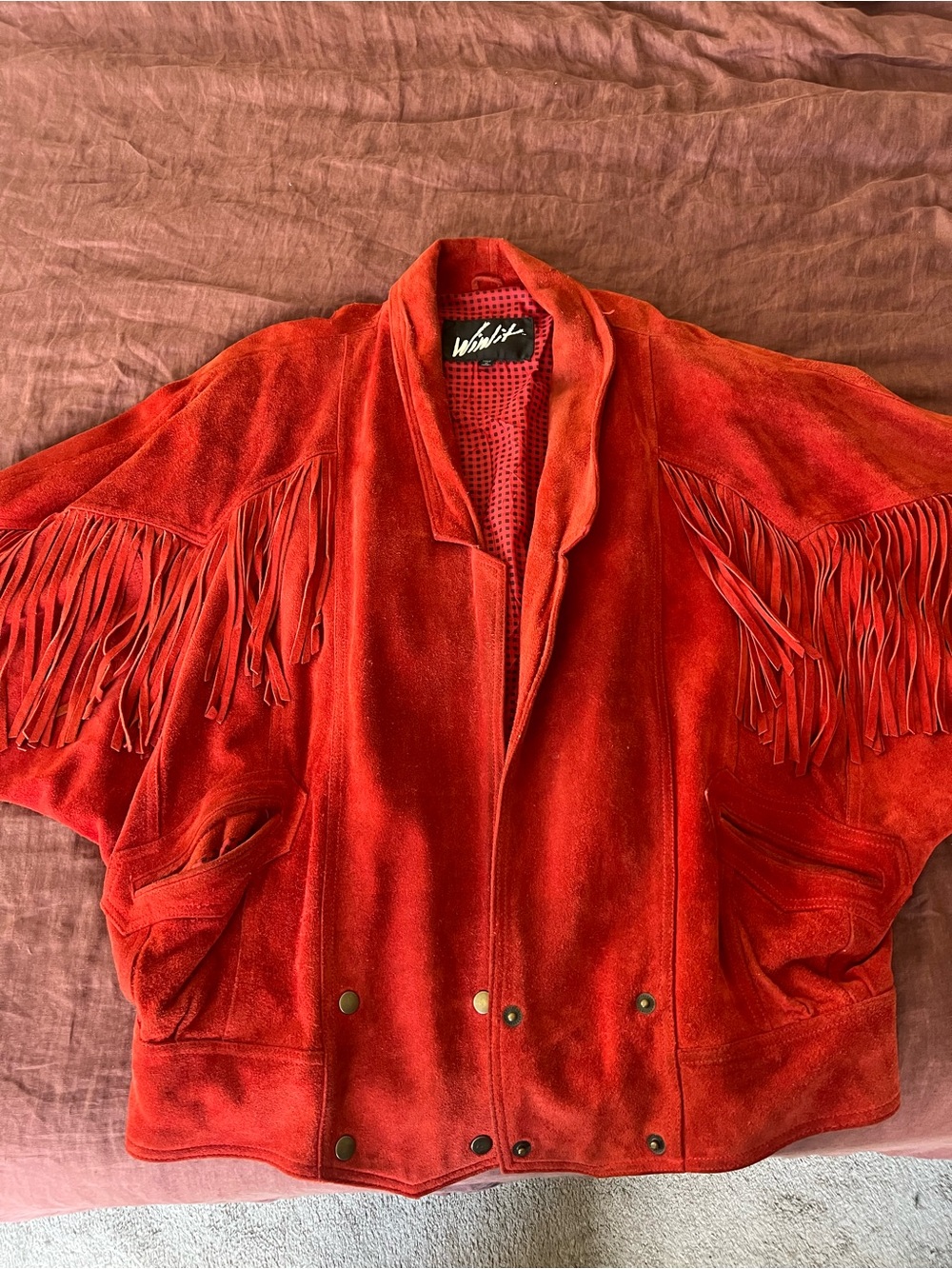 Vintage Winlit Western 100% Genuine Leather Suede Red Fringe Jacket L - Picture 9 of 12